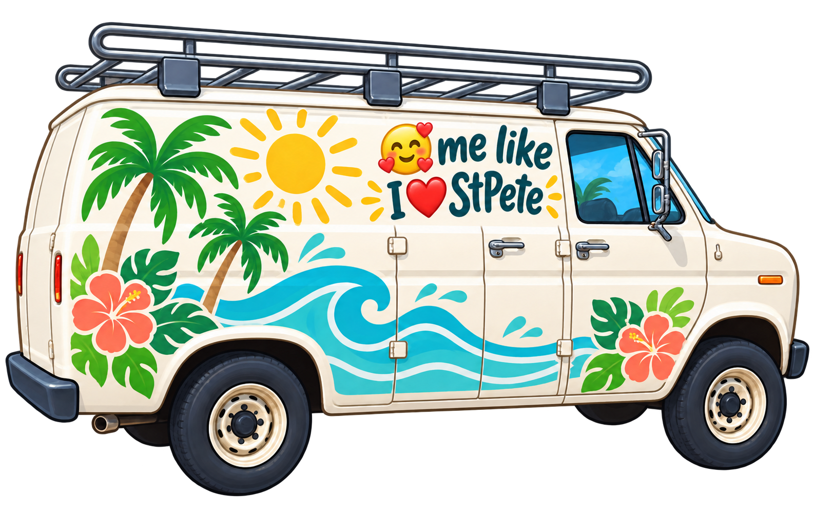 Cute St. Pete van graphic with emoji-style lettering